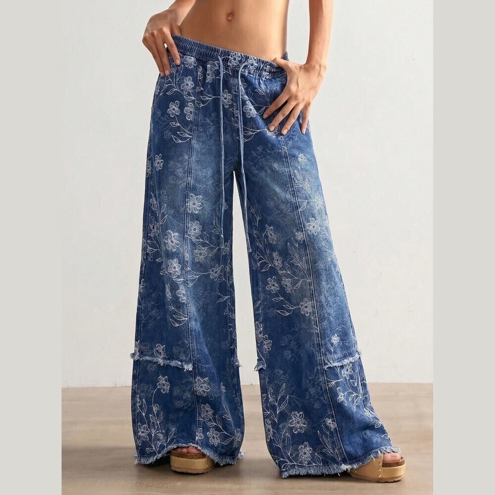Blue Floral Print Frayed Hem Wide Leg Denim Drawstring Jogger Pants